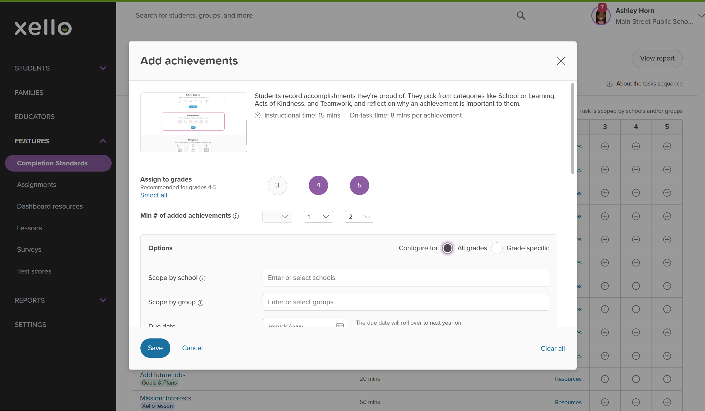 Educator account on the Completion Standards page. The Add achievements for Xello 3-5 modal is open and is being configured for grades 4 and 5